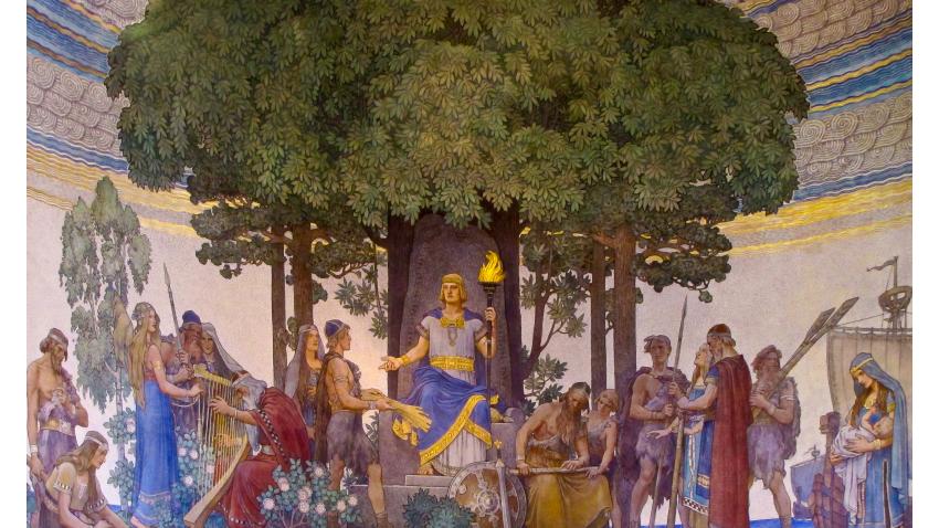"Heimdal för gudarnas gåvor till människorna", väggmålning från 1907 av Nils Asplund. 